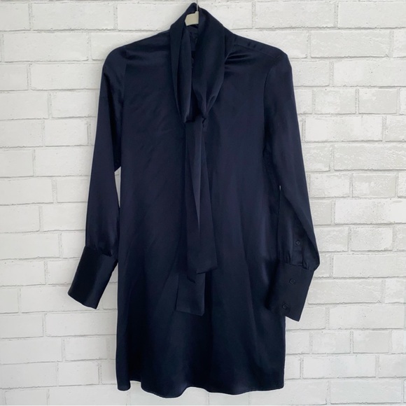 NILI LOTAN $990 Silk Navy Blue Tie Neck Mini Shirt Dress Small EUC - Picture 2 of 16